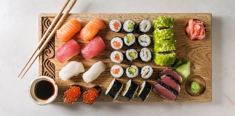 A platter of different types of sushi.