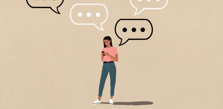 A digital image of a woman holding a phone, with speech bubbles above her head.