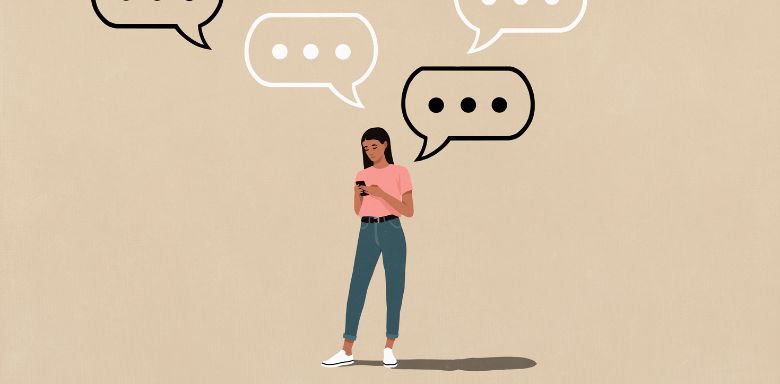 A digital image of a woman holding a phone, with speech bubbles above her head.